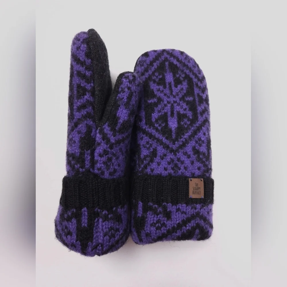 Upcycled Wool Black Purple Sweater Mittens Sherpa Fleece Lined NEW Adult M/L